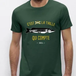 Tee Shirt Manches Courtes Homme Monsieur Pêcheur C'est Pas La Taille Qui Compte - Brochet - Vert